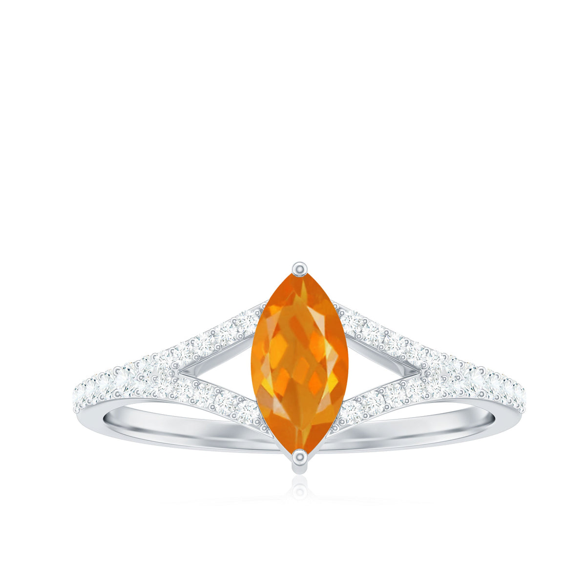 Marquise fire opal split shank engagement ring with diamond accents by Rosec Jewels, showcasing vibrant orange gemstone and elegant design.