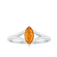 Marquise fire opal split shank engagement ring with diamond accents by Rosec Jewels, showcasing vibrant orange gemstone and elegant design.