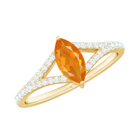 Marquise fire opal split shank engagement ring with diamonds by Rosec Jewels, showcasing vibrant orange gemstone and sparkling accents.