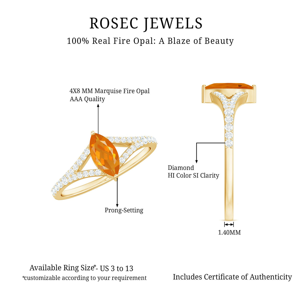 Marquise fire opal split shank engagement ring with diamond accents by Rosec Jewels, showcasing the vibrant gemstone and elegant design.
