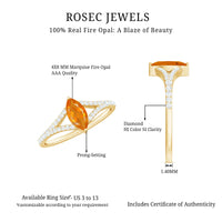 Marquise fire opal split shank engagement ring with diamond accents by Rosec Jewels, showcasing the vibrant gemstone and elegant design.