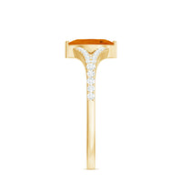 Marquise fire opal split shank engagement ring with diamonds by Rosec Jewels, showcasing a vibrant orange gemstone and sparkling accents.