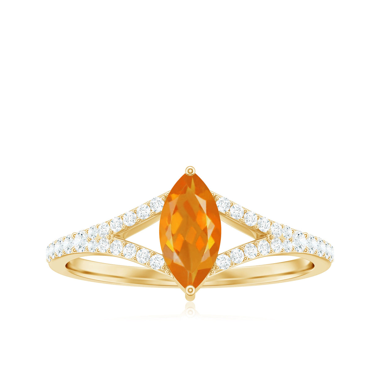 Marquise fire opal engagement ring with split shank design and diamond accents by Rosec Jewels