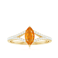 Marquise fire opal engagement ring with split shank design and diamond accents by Rosec Jewels