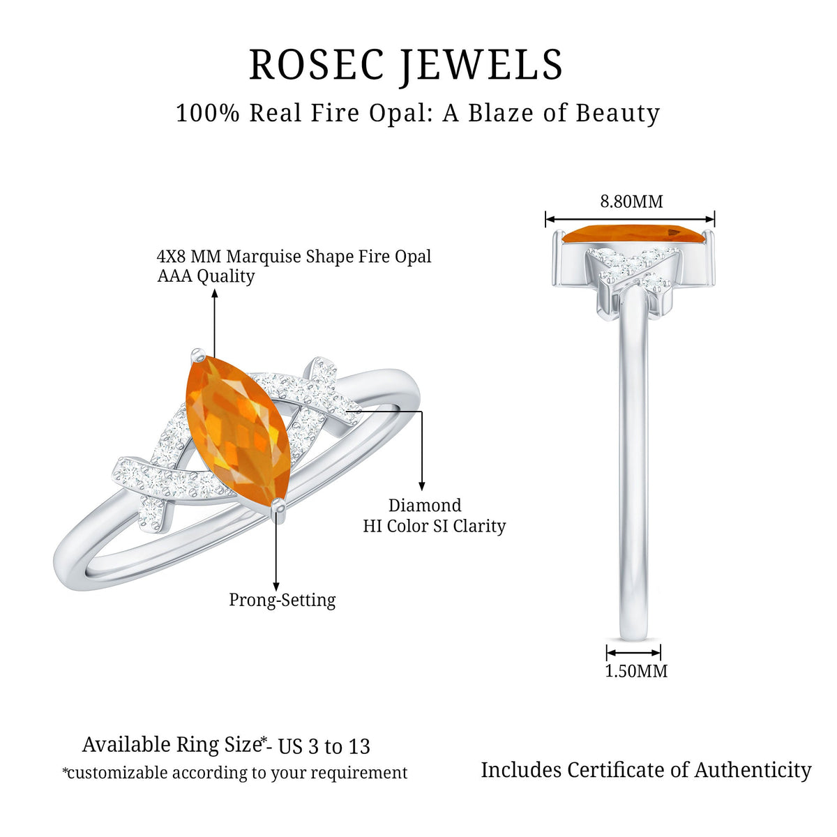 Rosec Jewels 1/2 carat fire opal marquise solitaire ring with diamond, featuring a striking orange gemstone and elegant band.