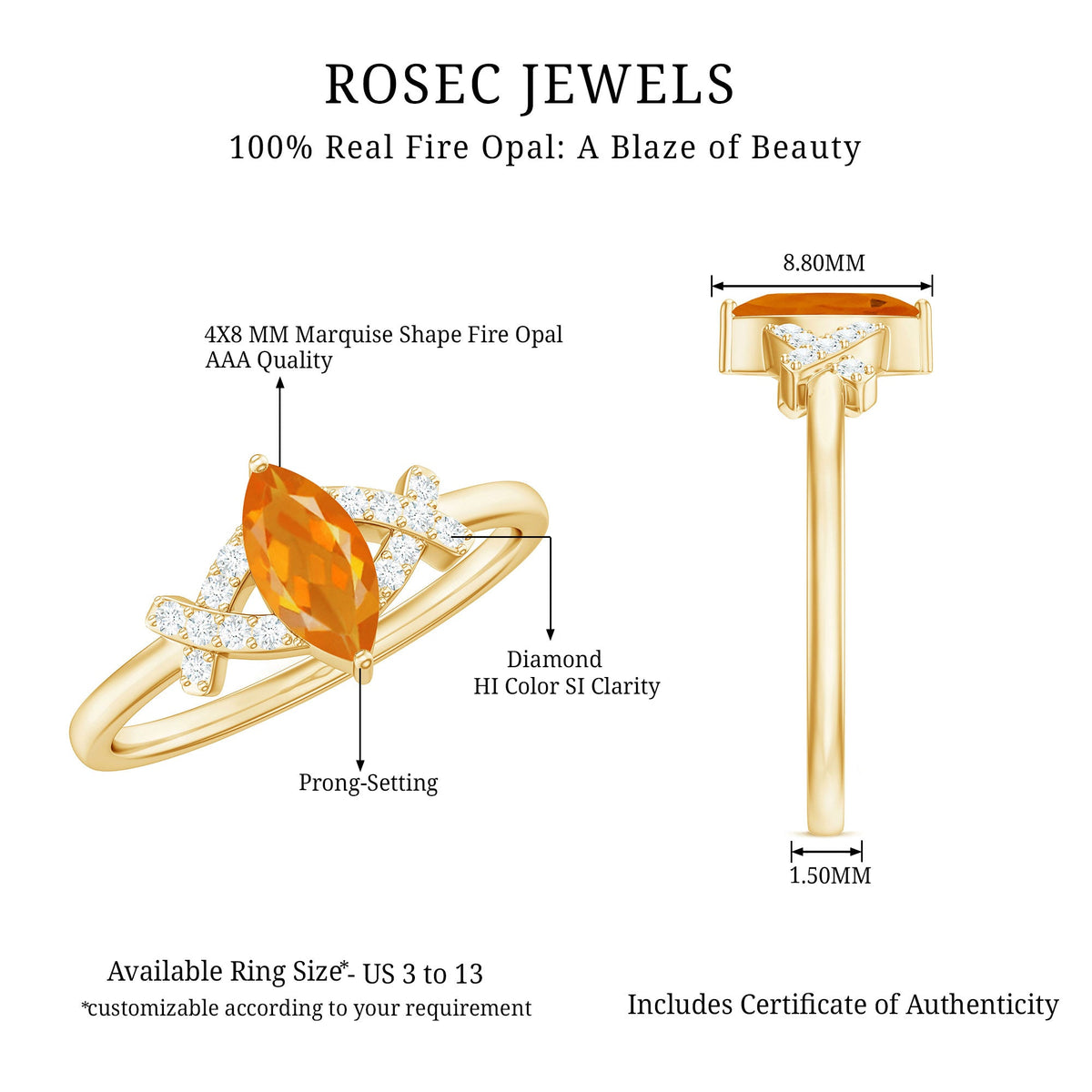 Elegant 1/2 carat fire opal marquise solitaire ring with diamond accents by Rosec Jewels, showcasing the stunning gemstone and design.