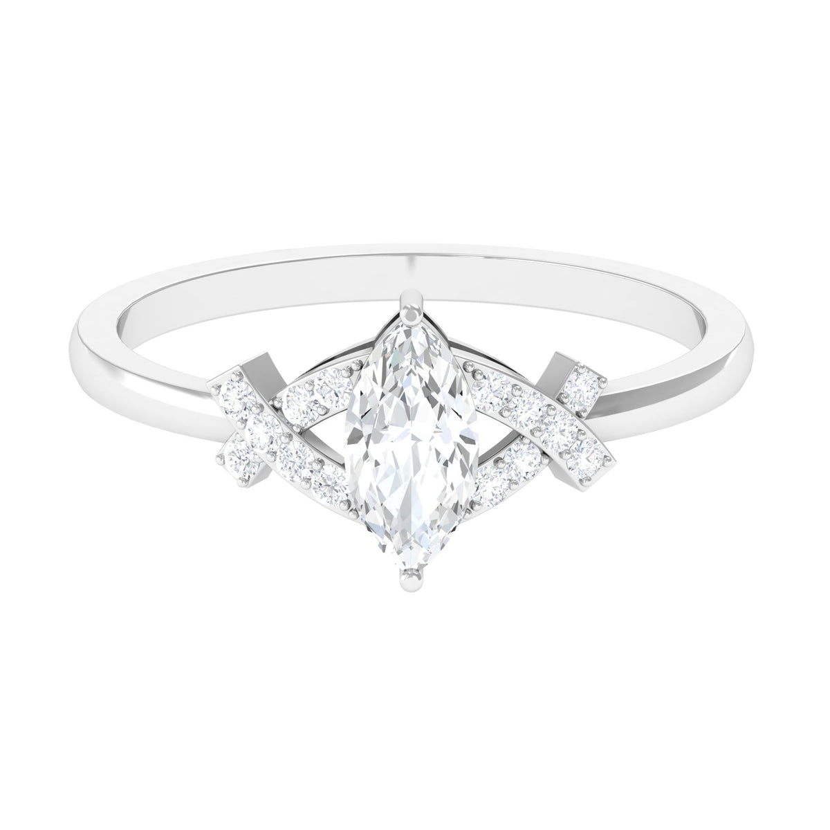 Marquise cut zircon engagement ring with split shank by Rosec Jewels, showcasing sparkling stones and detailed band design.