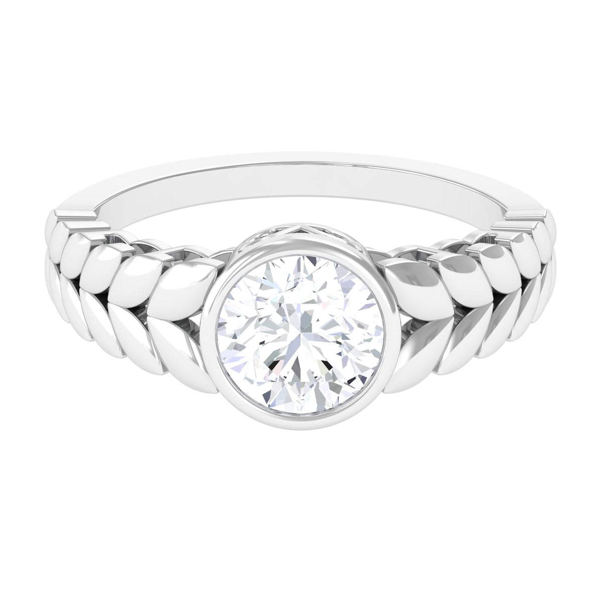 Rosec Jewels 1.3 Carat cubic zirconia leaf engagement ring with bezel setting, detailed metalwork, and elegant design.