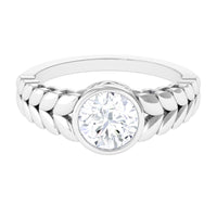 Rosec Jewels 1.3 Carat cubic zirconia leaf engagement ring with bezel setting, detailed metalwork, and elegant design.