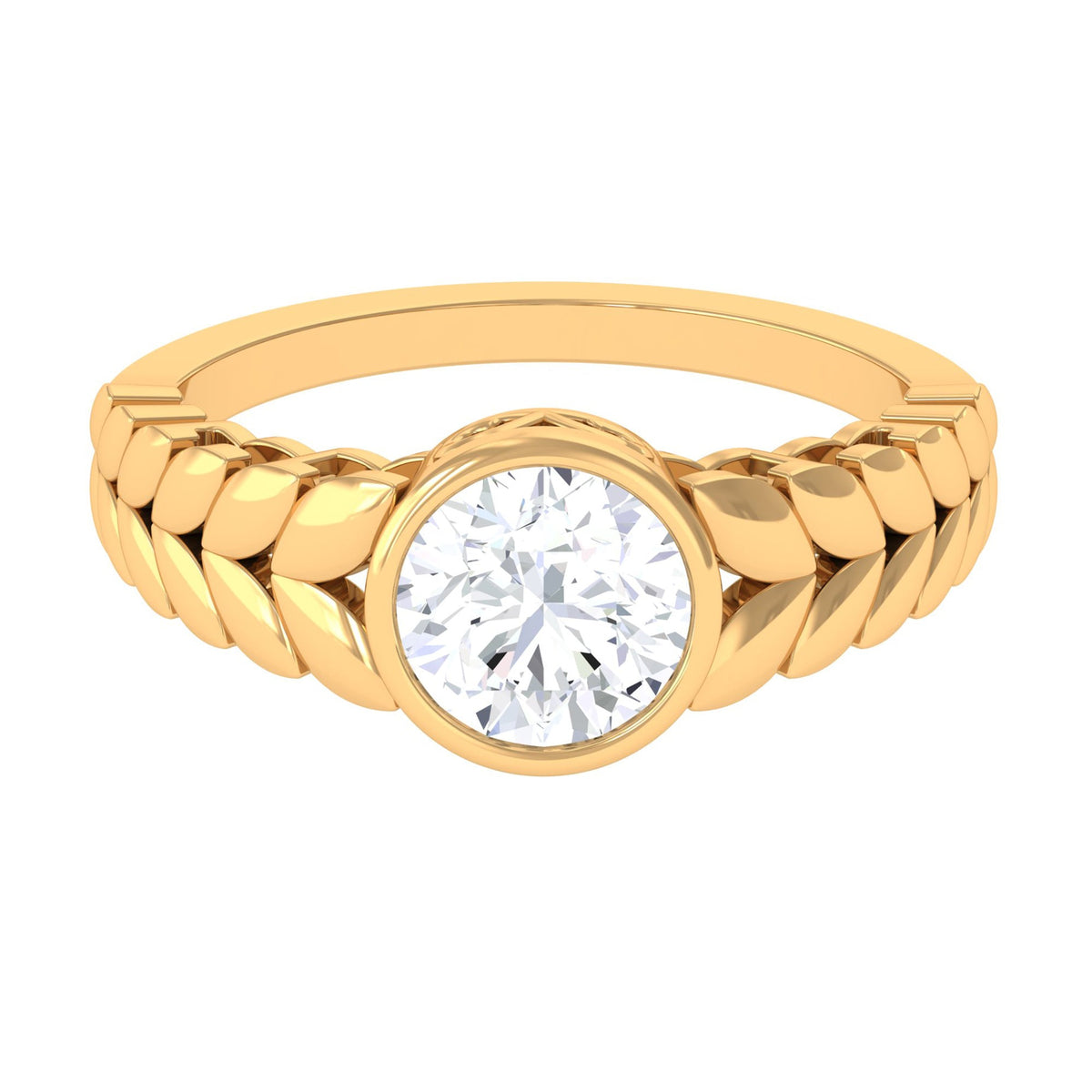 Rosec Jewels 1.3 carat cubic zirconia leaf engagement ring with bezel setting, featuring a detailed leaf design in silver-tone metal.