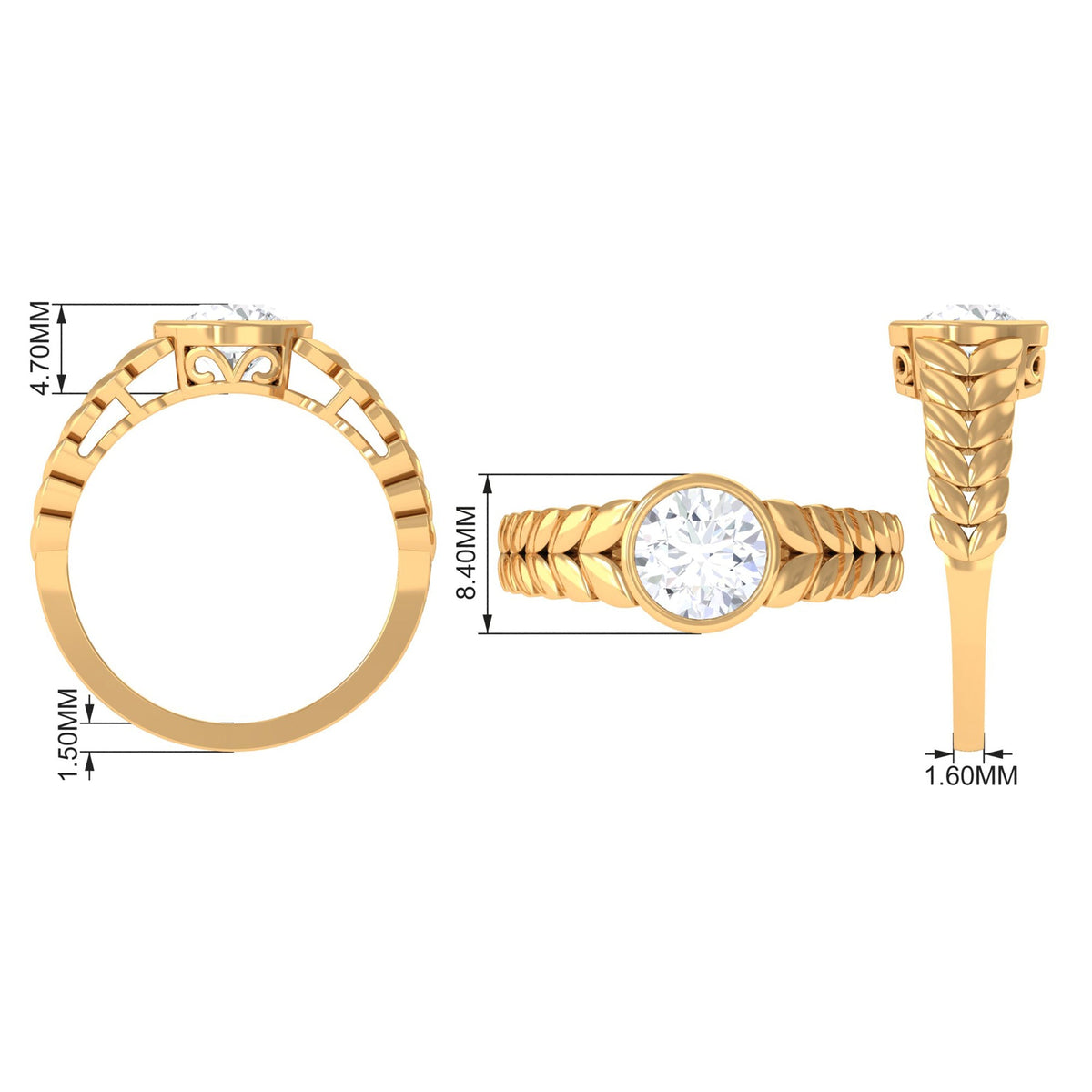 Bezel set cubic zirconia leaf engagement ring by Rosec Jewels featuring a 1.3 carat central stone and intricate leaf design.