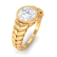 Bezel set cubic zirconia leaf engagement ring by Rosec Jewels featuring a 1.3 carat center stone and intricate leaf design.