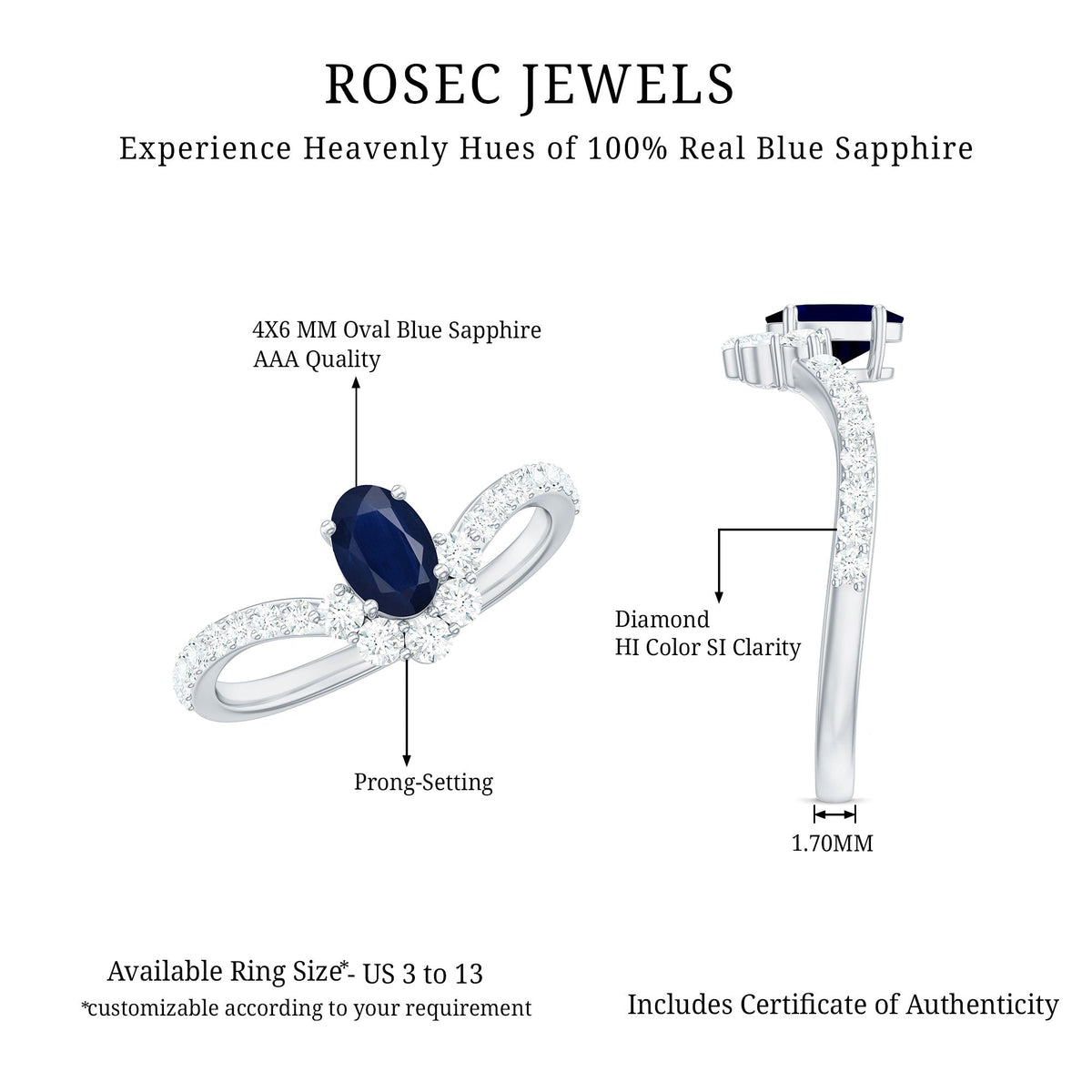 Oval cut blue sapphire and diamond Chevron ring by Rosec Jewels, showcasing a 1.25 CT blue sapphire with sparkling diamonds.