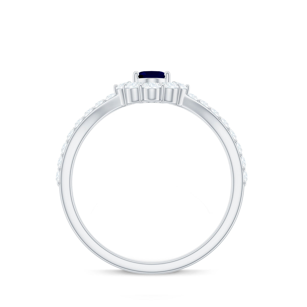 Oval cut blue sapphire and diamond chevron ring by Rosec Jewels, showcasing a sparkling gemstone design and intricate metalwork.