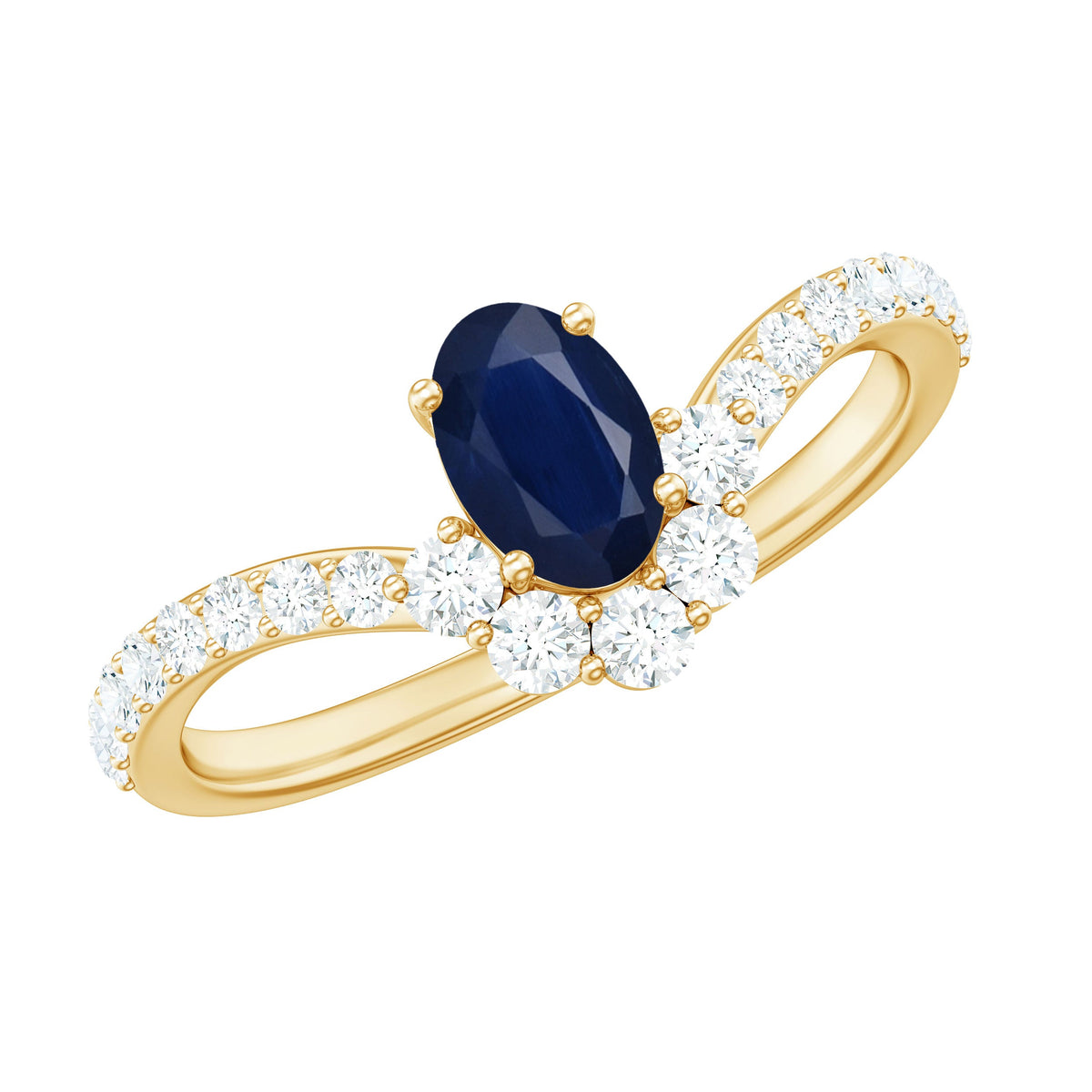 Oval cut blue sapphire and diamond chevron ring by Rosec Jewels, featuring a 1.25 CT center stone and intricate band details.