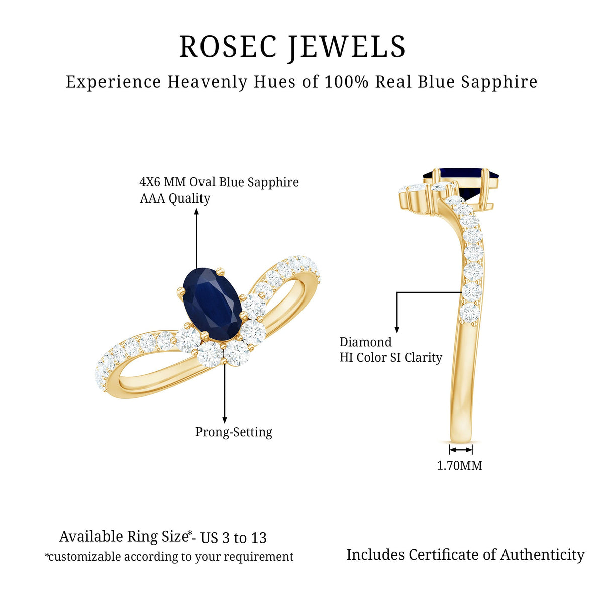 Oval cut blue sapphire and diamond chevron ring by Rosec Jewels, featuring a 1.25 CT gemstone design with intricate metalwork.