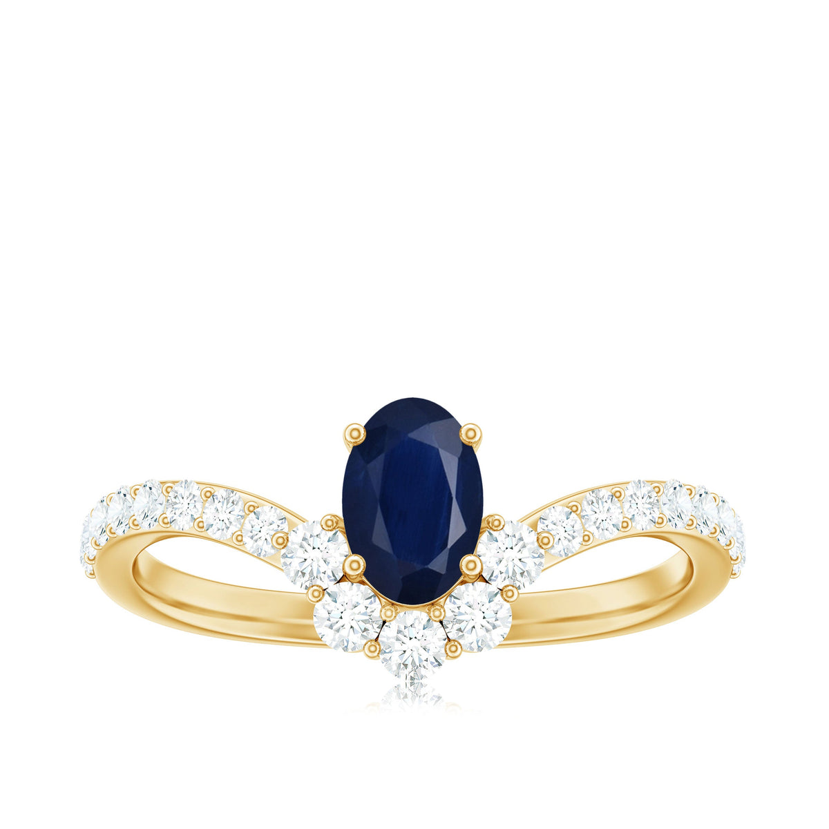 Oval cut blue sapphire and diamond Chevron ring by Rosec Jewels, featuring a 1.25 CT center stone and elegant band design.