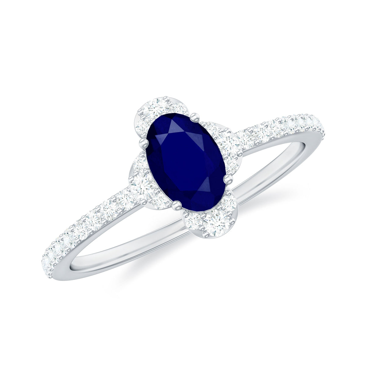 Oval blue sapphire engagement ring with diamond accents by Rosec Jewels, showcasing a 0.6 carat center stone and elegant design.