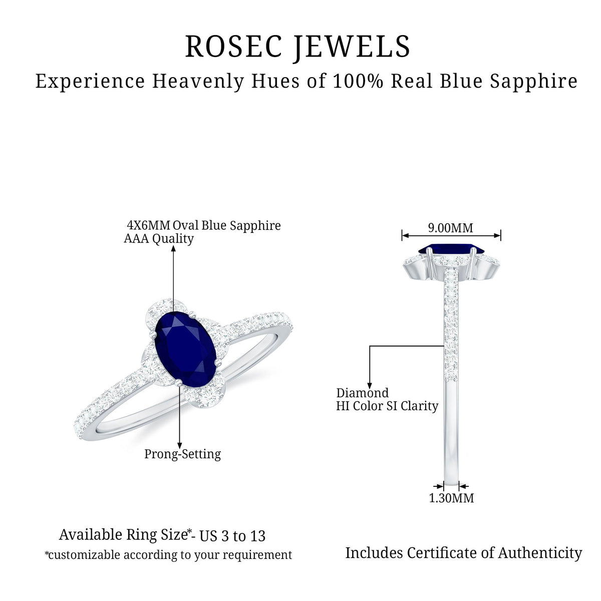 Oval blue sapphire engagement ring with diamond accents by Rosec Jewels, showcasing a 0.6 carat sapphire and sparkling diamonds.
