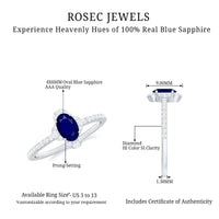 Oval blue sapphire engagement ring with diamond accents by Rosec Jewels, showcasing a 0.6 carat sapphire and sparkling diamonds.