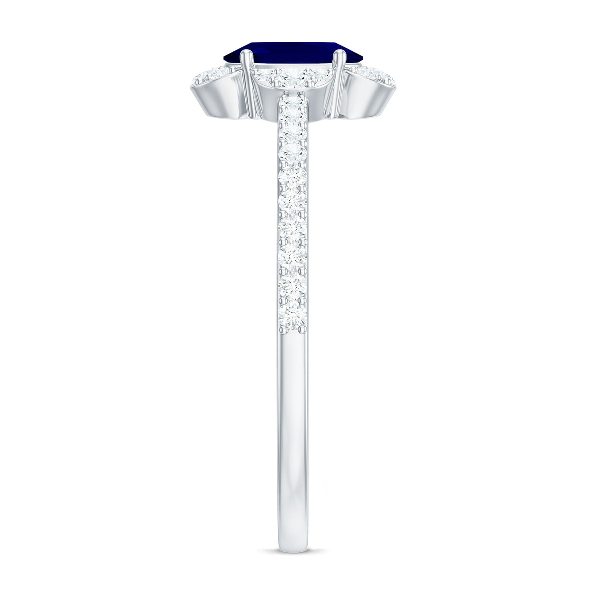 Oval blue sapphire engagement ring with diamond accents, crafted by Rosec Jewels, featuring a 0.6 carat center stone and elegant design.