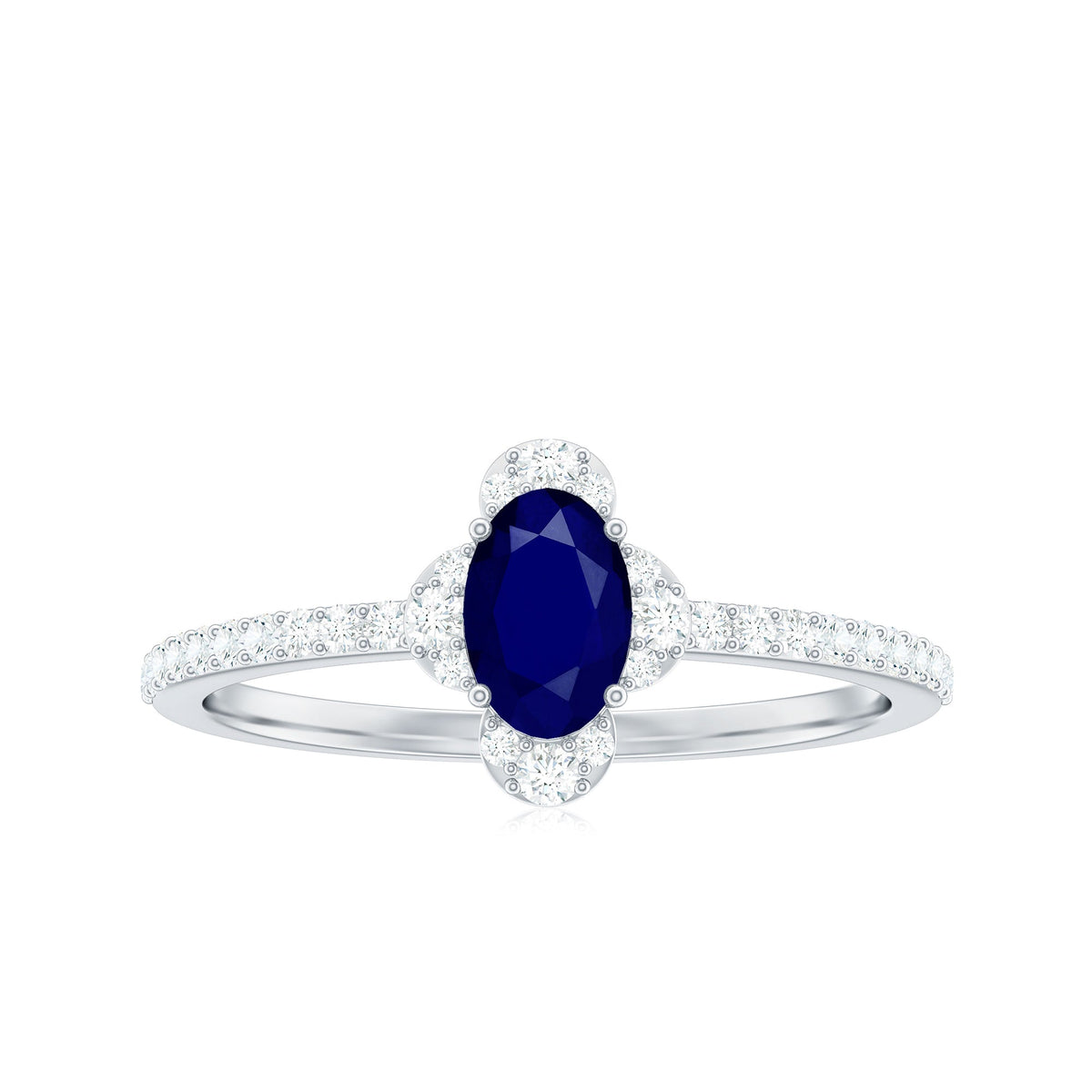 Natural 0.6 carat blue sapphire oval engagement ring with diamond accents from Rosec Jewels, showcasing a elegant gemstone setting.