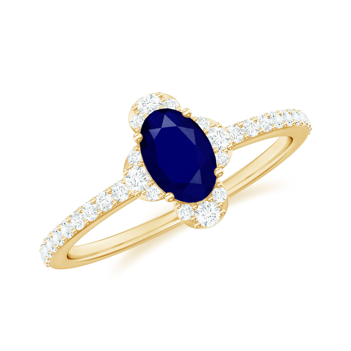 Oval blue sapphire engagement ring with diamond accents by Rosec Jewels, showcasing a 0.6 carat sapphire and intricate band details.
