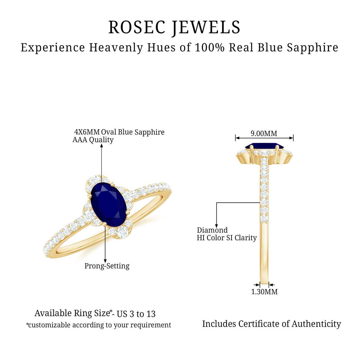 Natural 0.6 Carat blue sapphire oval engagement ring with diamond accents by Rosec Jewels, featuring a elegant ring design.