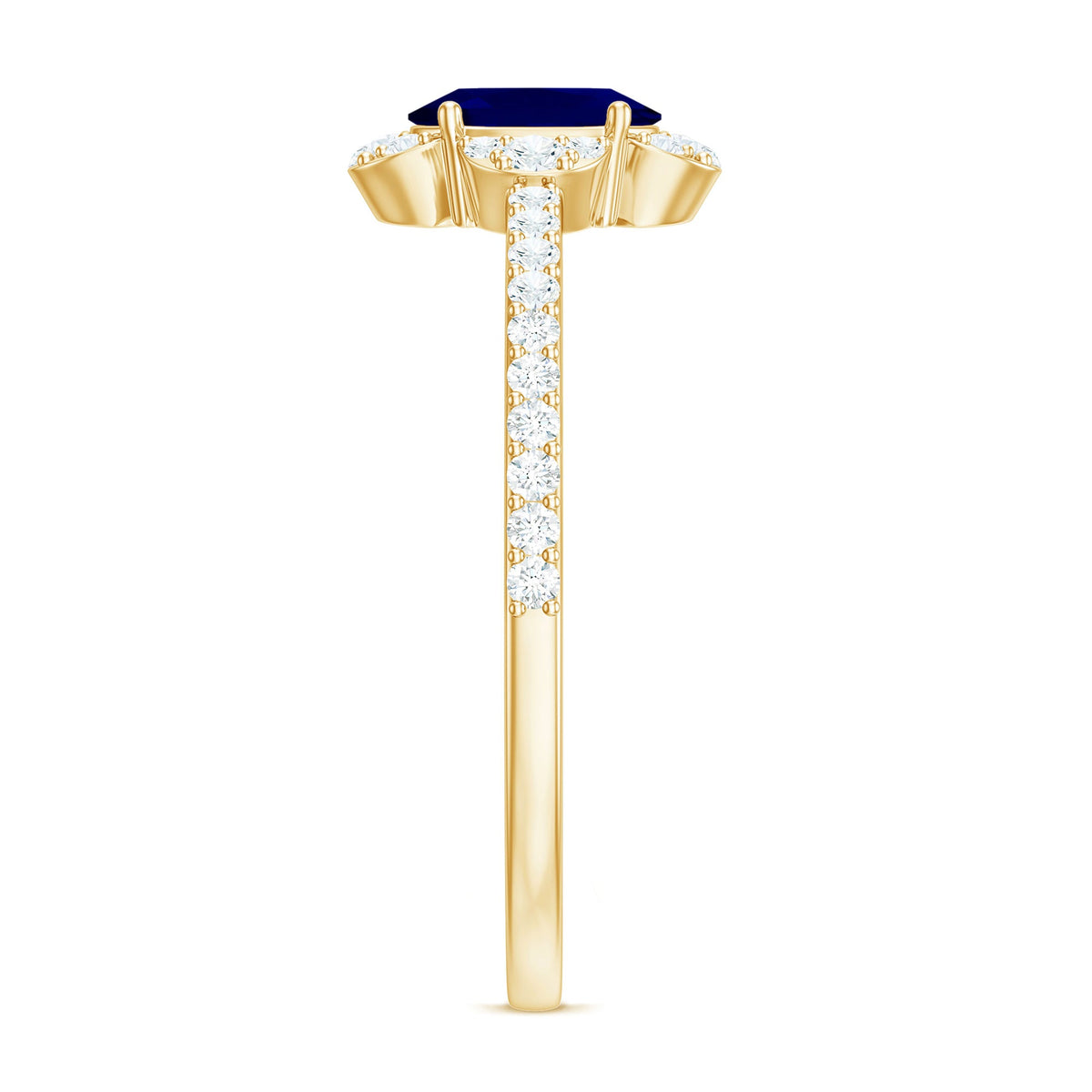 Natural 0.6 carat blue sapphire oval engagement ring with diamonds by Rosec Jewels, featuring a detailed ring design and sparkling stones.
