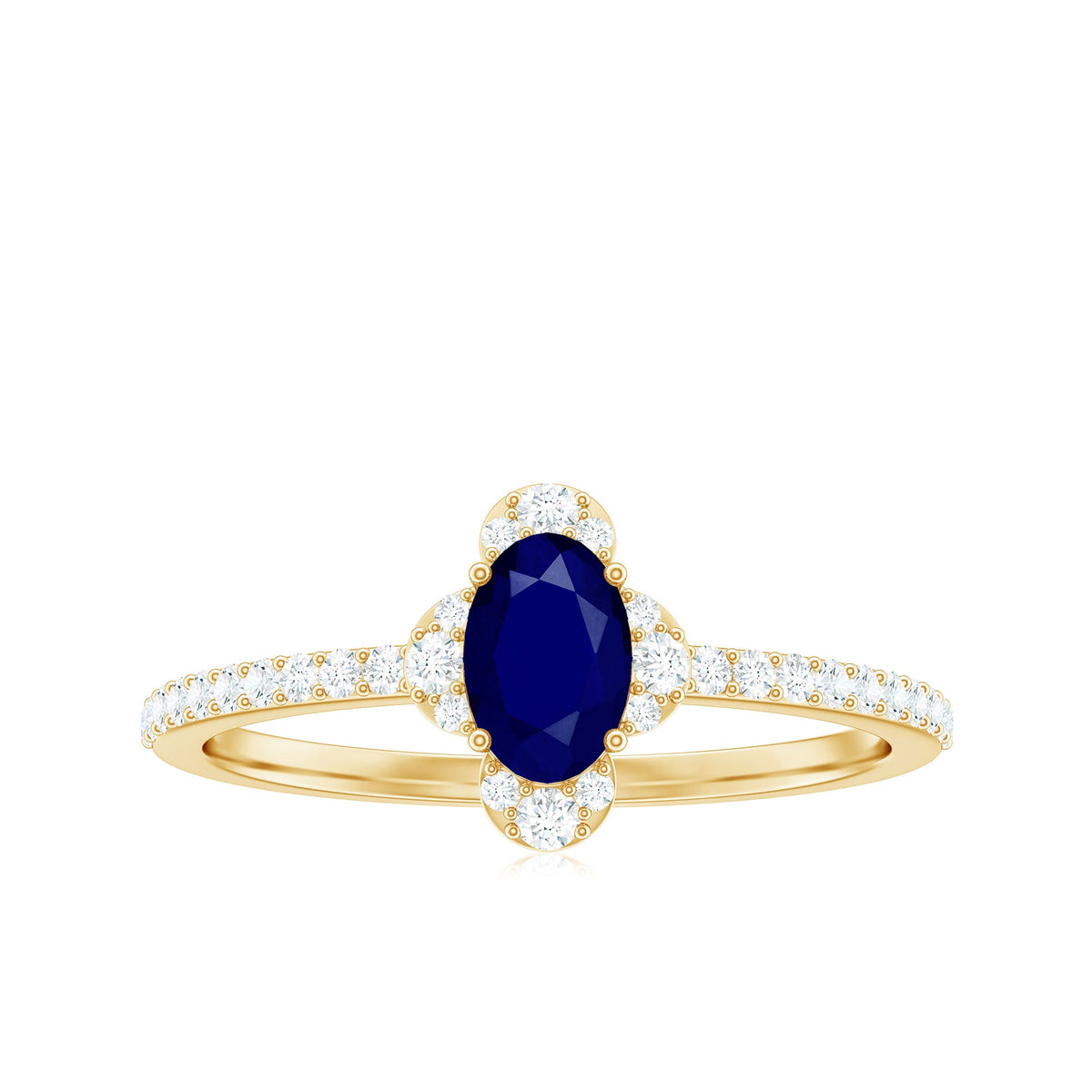 Oval blue sapphire engagement ring with diamond accents by Rosec Jewels, showcasing a natural 0.6 carat sapphire and sparkling diamonds.