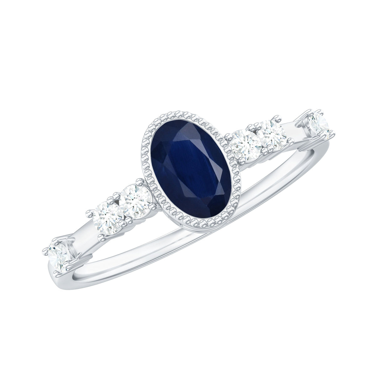 Vintage blue sapphire oval engagement ring with diamond accents from Rosec Jewels, showcasing intricate design and sparkling gemstones.