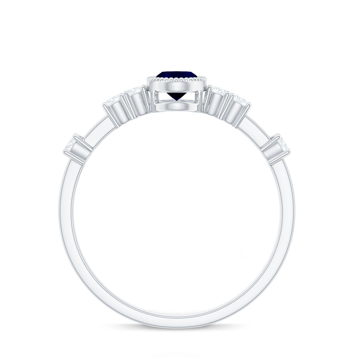 Vintage blue sapphire oval engagement ring with diamond accents, showcasing a rose gold band and intricate detailing.