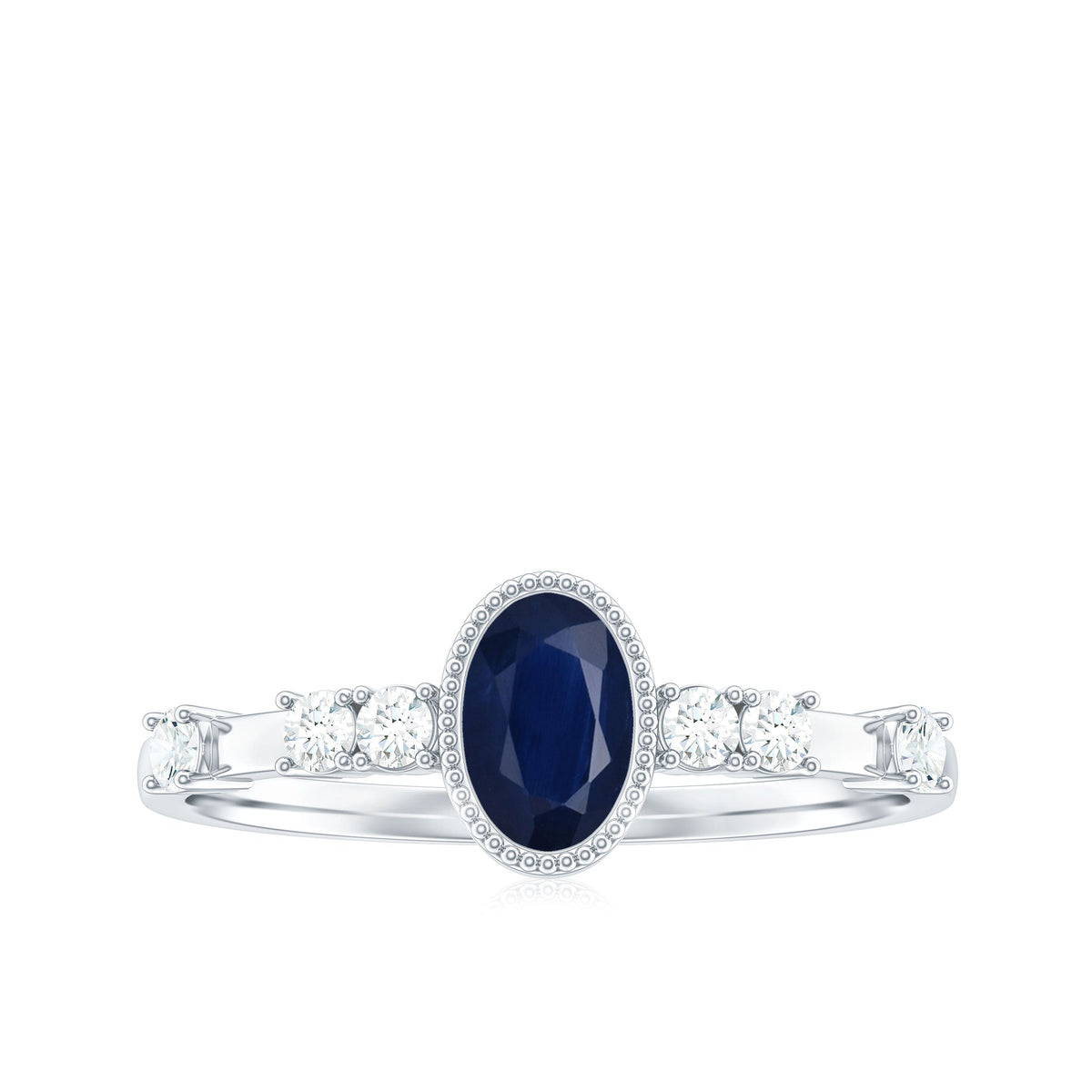 Vintage-style blue sapphire oval engagement ring with diamond accents from Rosec Jewels, showcasing intricate detailing and sparkling stones.