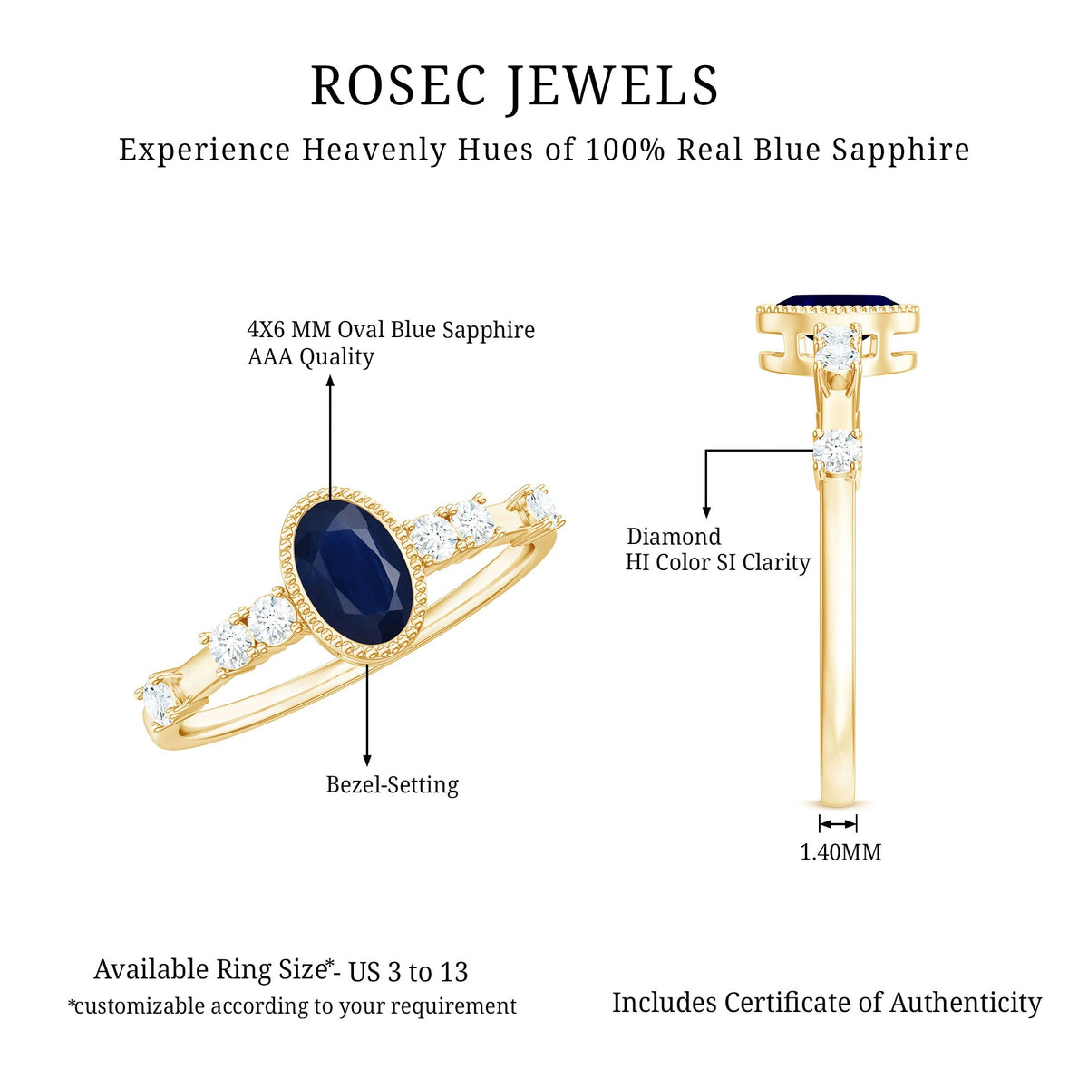 Vintage blue sapphire oval engagement ring with diamond accents, crafted by Rosec Jewels, featuring a detailed ring design.
