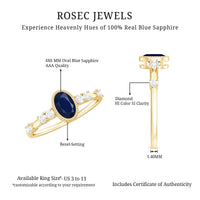 Vintage blue sapphire oval engagement ring with diamond accents, crafted by Rosec Jewels, featuring a detailed ring design.