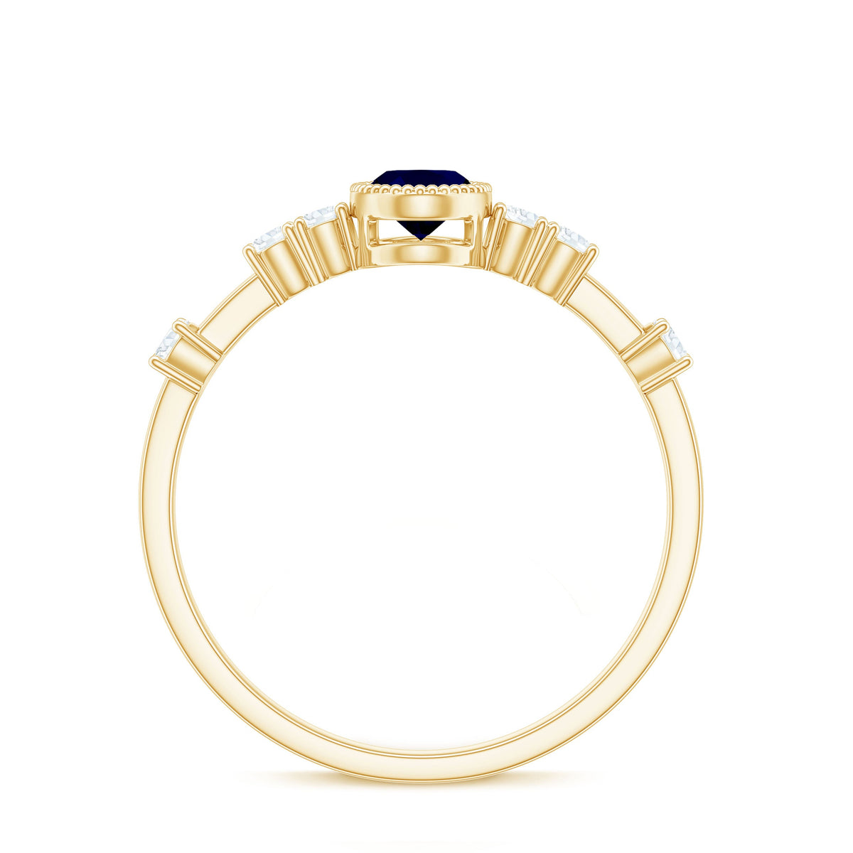 Vintage blue sapphire oval engagement ring with diamond accents from Rosec Jewels, featuring intricate metalwork and a classic design.