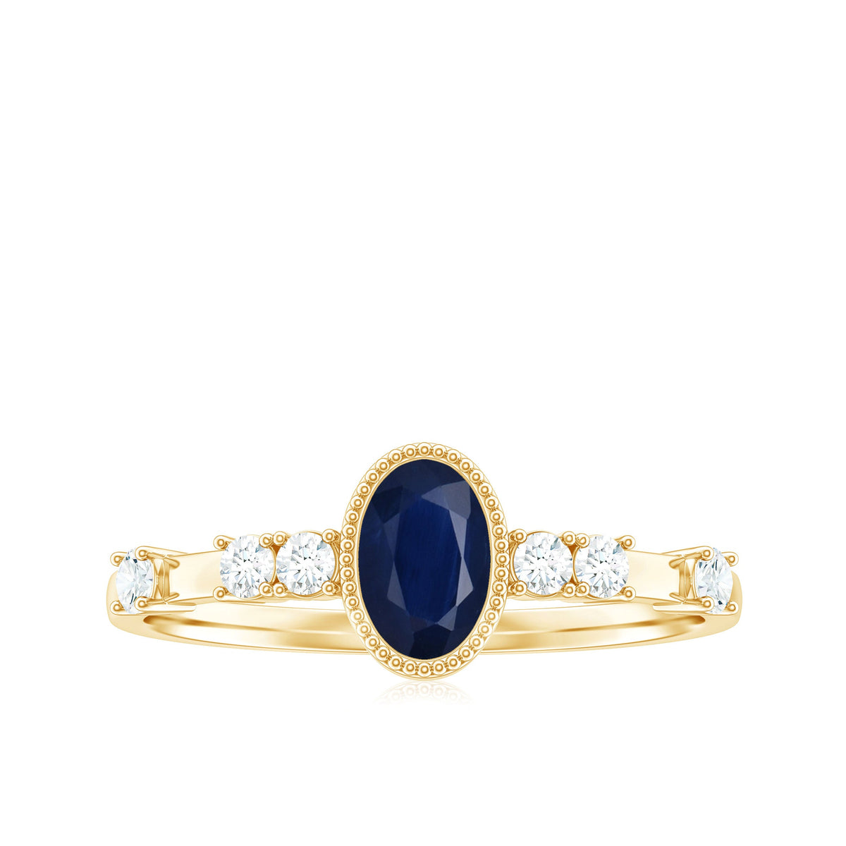 Vintage blue sapphire oval engagement ring with diamond accents from Rosec Jewels, showcasing intricate design and sparkling gemstones.