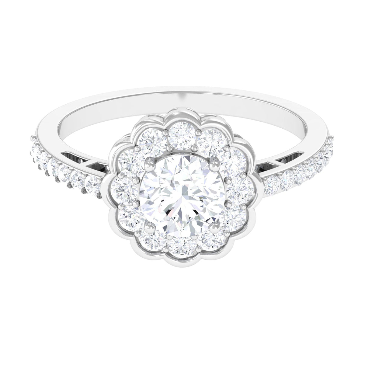 Rosec Jewels cubic zirconia flower engagement ring with side stones, featuring intricate floral design and sparkling gemstone accents.