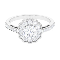 Rosec Jewels cubic zirconia flower engagement ring with side stones, featuring intricate floral design and sparkling gemstone accents.