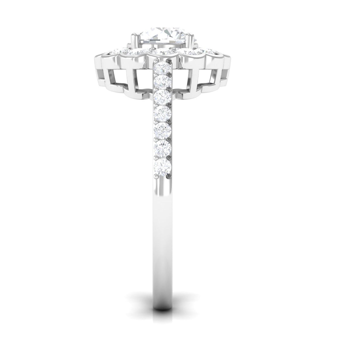 Rosec Jewels cubic zirconia flower engagement ring with side stones, showcasing intricate floral design and sparkling accents.