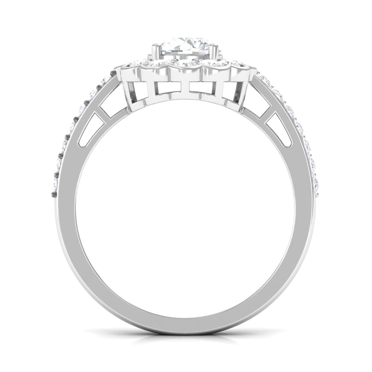 Rosec Jewels cubic zirconia flower engagement ring with side stones, showcasing intricate floral design and sparkling gemstones.