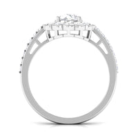 Rosec Jewels cubic zirconia flower engagement ring with side stones, showcasing intricate floral design and sparkling gemstones.