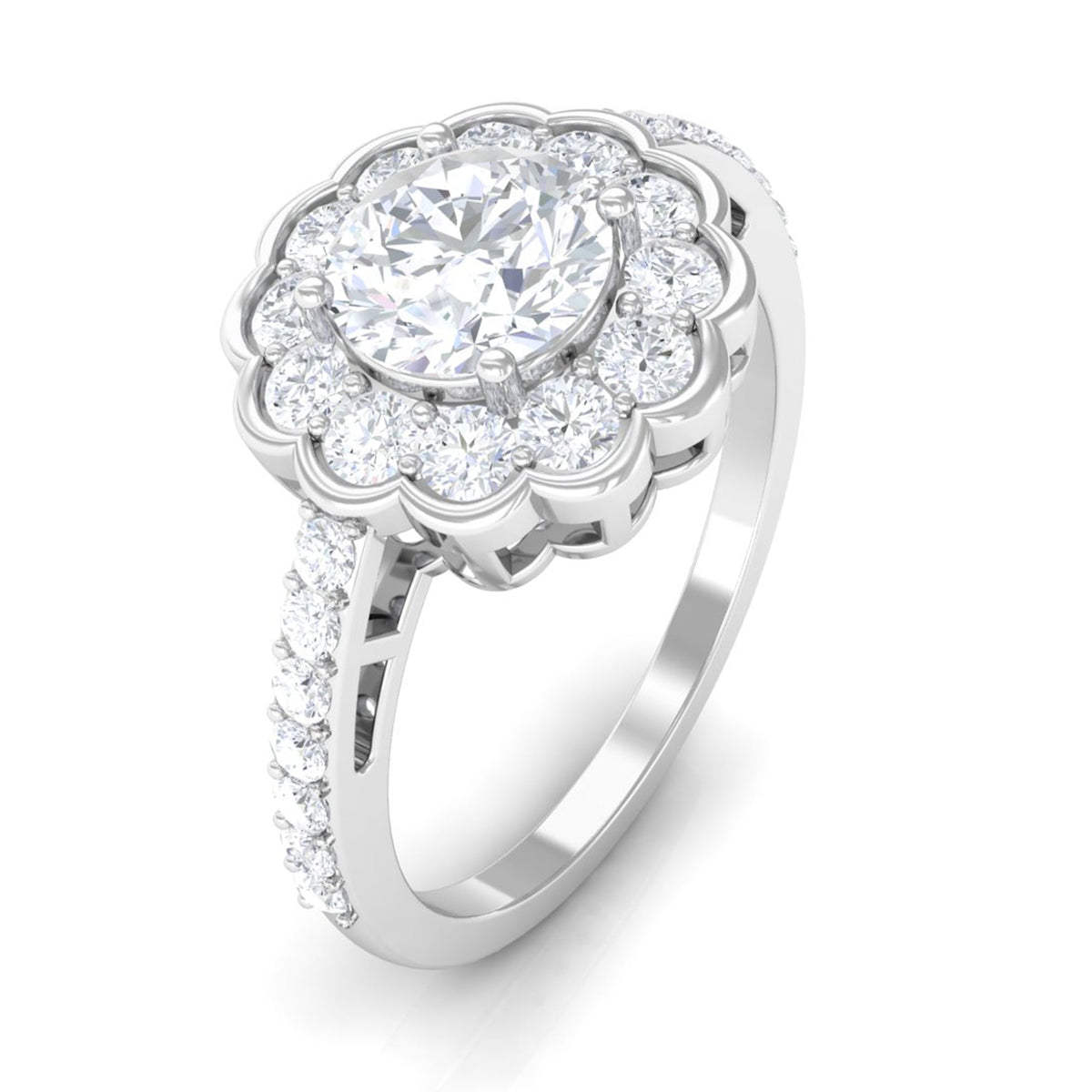 Rosec Jewels cubic zirconia flower engagement ring with side stones, showcasing intricate floral design and sparkling accents.