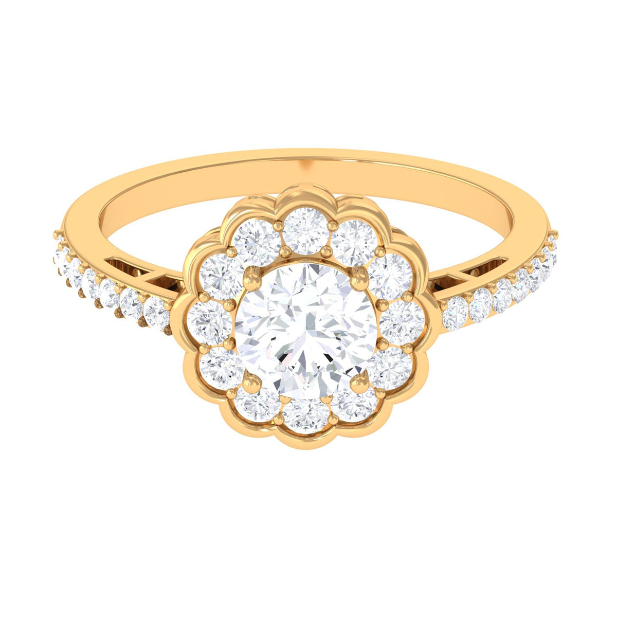 Rosec Jewels cubic zirconia flower engagement ring with side stones, featuring a detailed floral design and sparkling gemstone accents.