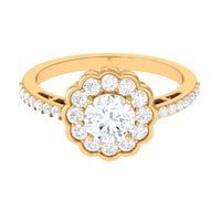 Rosec Jewels cubic zirconia flower engagement ring with side stones, featuring a detailed floral design and sparkling gemstone accents.