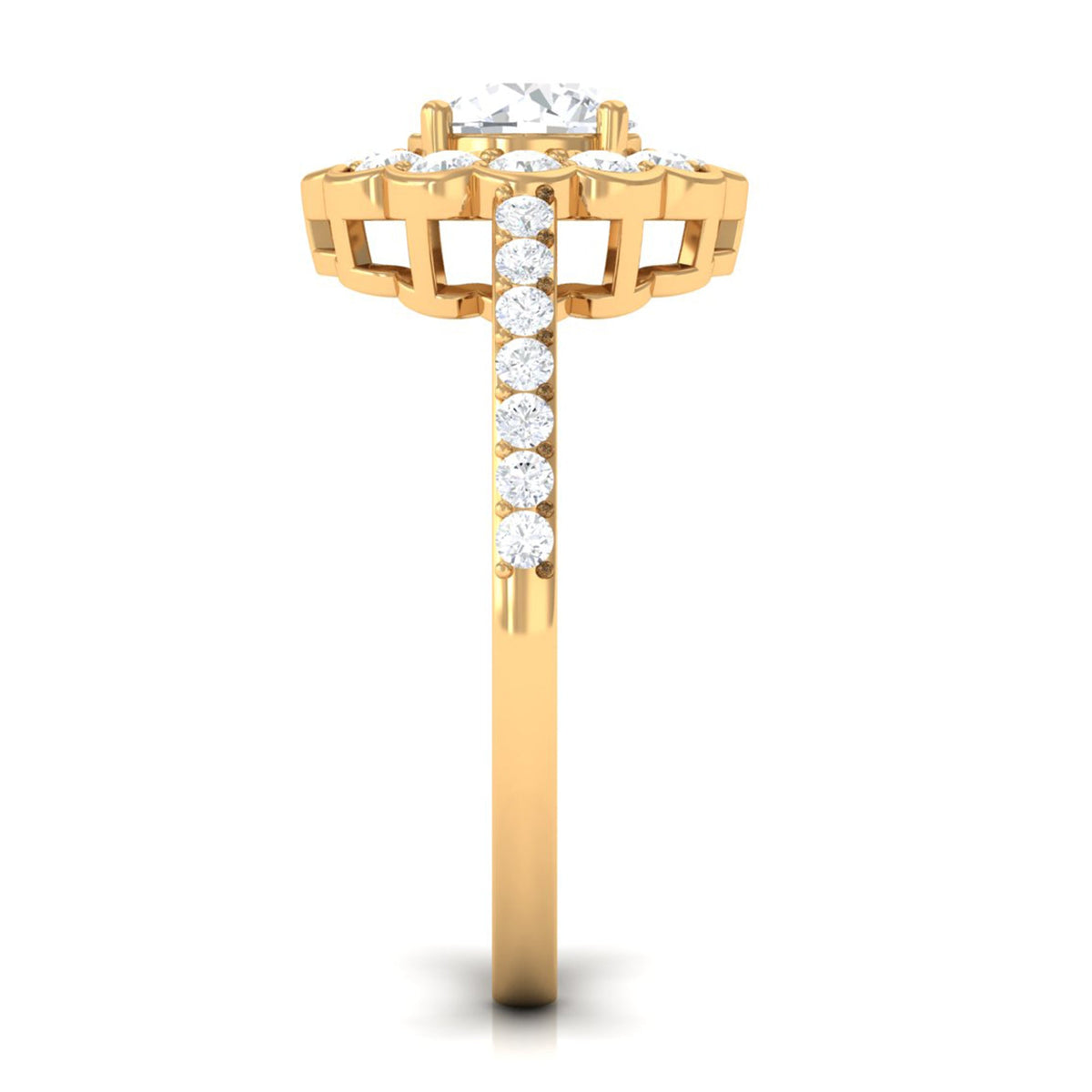 Rosec Jewels cubic zirconia flower engagement ring with side stones, featuring a detailed floral design and sparkling gemstone accents.