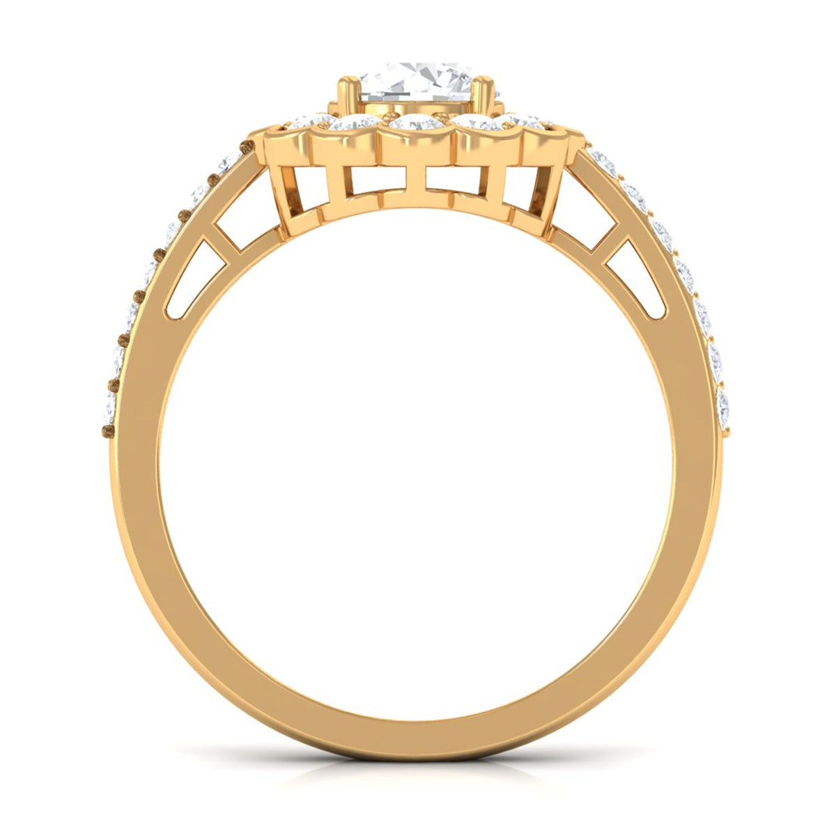 Rosec Jewels cubic zirconia flower engagement ring with side stones, featuring a detailed floral design and sparkling gemstone accents.