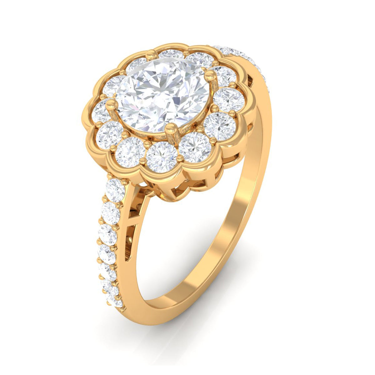 Rosec Jewels cubic zirconia flower engagement ring with side stones, showcasing a detailed floral design and sparkling accents.