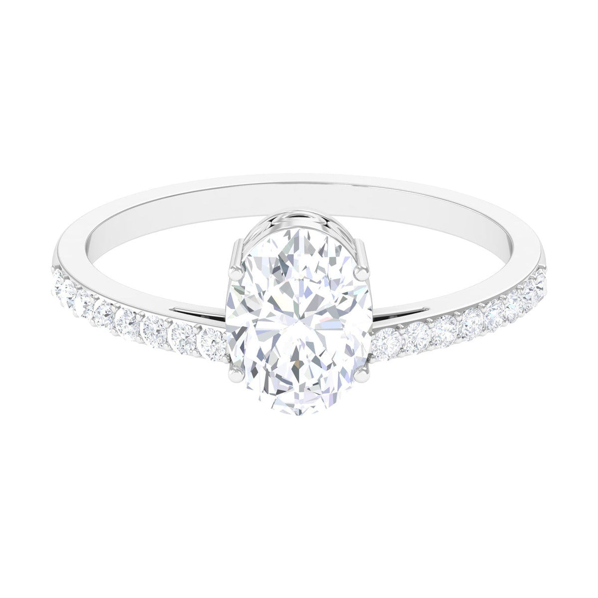 Oval cut zircon engagement ring with side stones from Rosec Jewels, showcasing a 1.2 carat solitaire design in silver-tone metal.