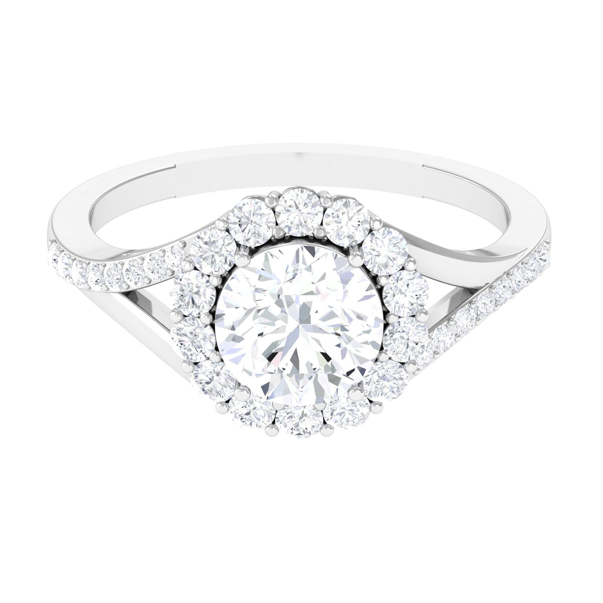 Round Zircon Halo Engagement Ring with Split Shank